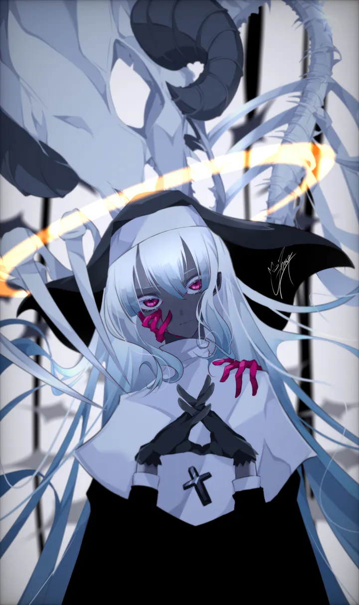 1girl,upper_body,nun,habit,cross_necklace,cross,solo,closed_mouth,halo,hair_between_eyes,colored_skin,very_long_hair,gloves,jewelry,white_hair,looking_at_viewer,vertical,signature,red_eyes,horns,long_hair,skeleton,black_gloves