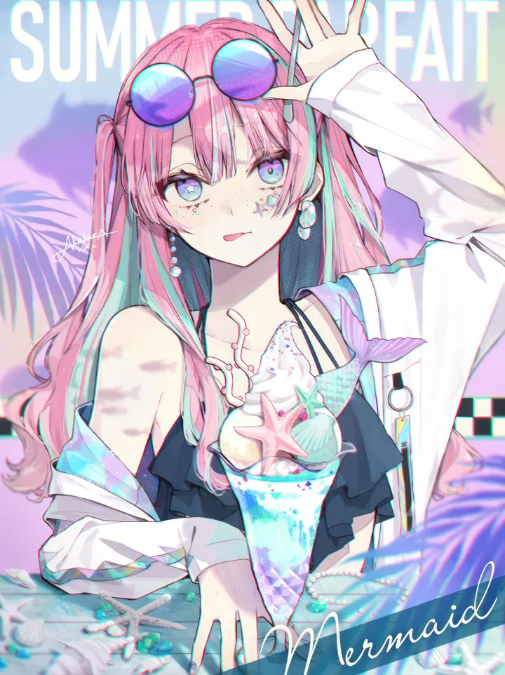 1girl,arm_up,upper_body,ice_cream,bangs,solo,two-tone_hair,tongue_out,sunglasses,multicolored_hair,jacket,two_side_up,holding,nail_polish,bikini,swimsuit,seashell,jewelry,white_jacket,looking_at_viewer,eyewear_on_head,vertical,pink_hair,earrings,tongue,blue_nails,blue_eyes,open_jacket,open_clothes,shell,long_hair,long_sleeves,off_shoulder,food,black_bikini