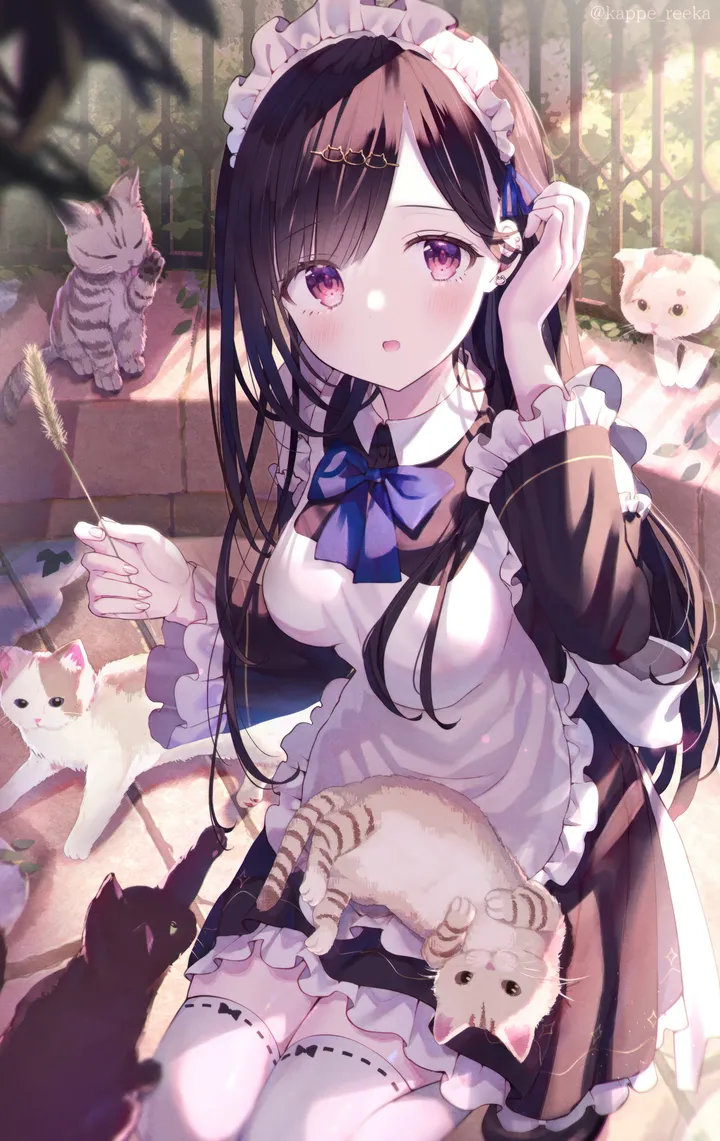 1girl,ribbon_trim,medium_breasts,breasts,bangs,animal,solo,hairclip,apron,sitting,hair_ornament,maid,maid_apron,maid_headdress,open_mouth,parted_lips,outdoors,hand_up,holding,hair_tucking,adjusting_hair,cat,white_apron,white_thighhighs,looking_at_viewer,vertical,red_eyes,blush,frills,frilled_apron,frilled_dress,blue_bow,blue_bowtie,bow,thighhighs,dress,long_hair,long_sleeves,bowtie,black_hair,black_dress,black_footwear