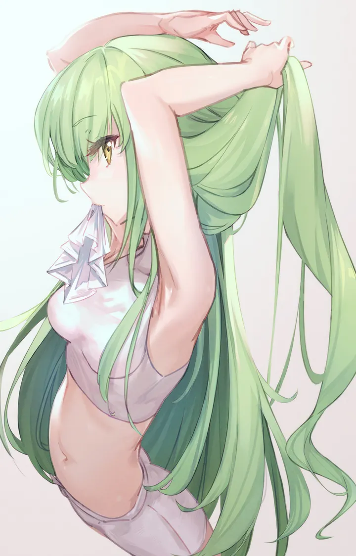 1girl,ribbon,medium_breasts,arms_up,breasts,from_side,profile,bangs,solo,very_long_hair,tying_hair,adjusting_hair,sleeveless,sleeveless_shirt,simple_background,mouth_hold,white_shorts,white_background,white_shirt,looking_at_viewer,vertical,green_hair,navel,armpits,shirt,bare_arms,long_hair,midriff,bare_shoulders,crop_top,yellow_eyes