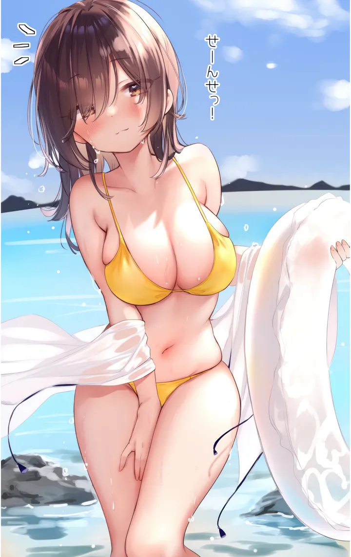 1girl,breasts,cleavage,cloud,bangs,solo,closed_mouth,thighs,sky,hair_over_one_eye,stomach,rock,outdoors,holding,holding_innertube,brown_hair,brown_eyes,bikini,water,innertube,swimsuit,ocean,beach,day,looking_at_viewer,vertical,standing,string_bikini,halterneck,navel,blush,blue_sky,skindentation,wet,large_breasts,eyes_visible_through_hair,collarbone,long_hair,bare_shoulders,yellow_bikini