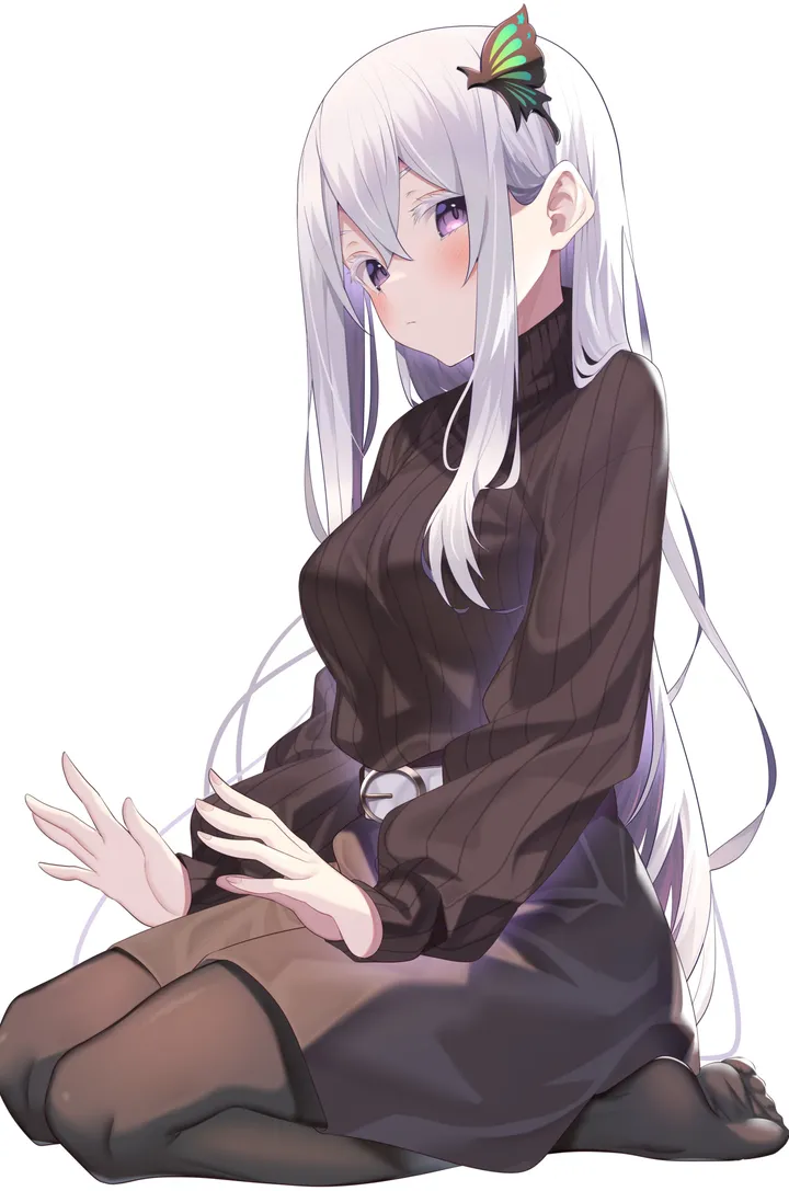 1girl,medium_breasts,breasts,bangs,solo,closed_mouth,sitting,hair_ornament,hair_between_eyes,very_long_hair,simple_background,ribbed_sweater,seiza,sweater,no_shoes,white_hair,white_background,belt,looking_at_viewer,skirt,vertical,purple_eyes,blush,lap_pillow_invitation,butterfly_hair_ornament,pantyhose,long_hair,long_sleeves,turtleneck,turtleneck_sweater,black_sweater,black_skirt,black_pantyhose