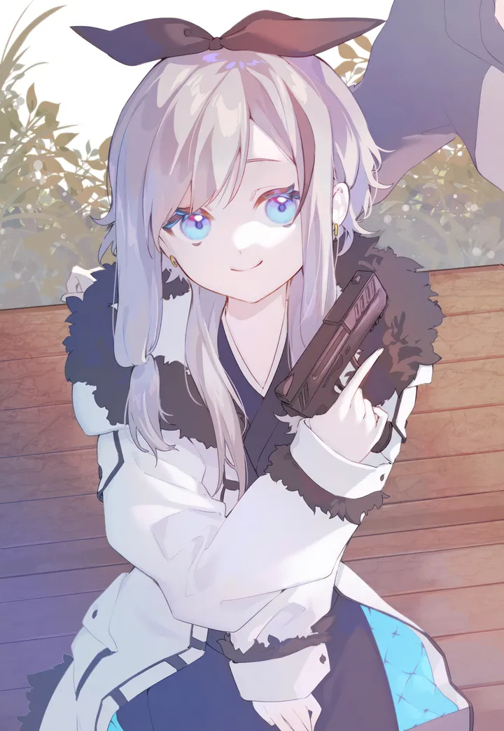 1girl,ribbon,bangs,solo,kimono,closed_mouth,sitting,coat,hair_ribbon,sidelocks,jacket,holding_weapon,handgun,holding_gun,holding,japanese_clothes,gun,brown_ribbon,weapon,fur_trim,grey_hair,jewelry,white_jacket,looking_at_viewer,vertical,smile,earrings,blue_eyes,sleeves_past_wrists,bench,long_hair,long_sleeves,black_ribbon