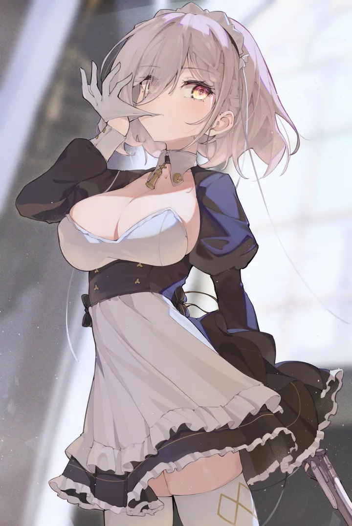 1girl,cowboy_shot,breasts,cleavage,bangs,solo,biting,glove_biting,apron,hair_over_one_eye,maid,maid_headdress,waist_apron,gloves,holding_weapon,handgun,holding_gun,holding,juliet_sleeves,gun,blurry,blurry_background,weapon,grey_hair,white_apron,white_gloves,white_thighhighs,looking_at_viewer,short_hair,vertical,standing,zettai_ryouiki,frills,puffy_sleeves,large_breasts,thighhighs,dress,eyes_visible_through_hair,long_sleeves,detached_collar,yellow_eyes,black_dress