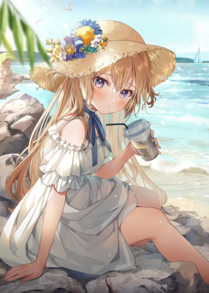 1girl,ribbon,bangs,blurry_foreground,solo,feet_out_of_frame,drinking_straw,closed_mouth,sitting,rock,hat_flower,hat,hair_between_eyes,very_long_hair,outdoors,holding_cup,holding,depth_of_field,cup,brown_hair,blurry,water,ocean,beach,day,white_flower,white_dress,looking_at_viewer,vertical,purple_eyes,blush,straw_hat,blue_ribbon,blue_eyes,dress,blonde_hair,long_hair,bare_shoulders,disposable_cup,flower,bird,yellow_flower