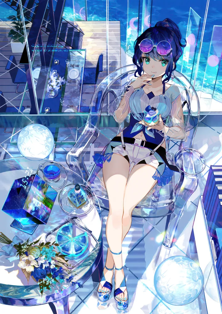 1girl,breasts,crossed_legs,hologram,full_body,sandals,bangs,see-through,see-through_sleeves,solo,legs,horizon,sitting,sunglasses,sky,sidelocks,platform_footwear,holding_cup,holding,holding_spoon,nail_polish,tinted_eyewear,cup,table,chair,water,fruit,spoon,ocean,beach,toenail_polish,jewelry,white_shorts,belt,looking_at_viewer,eyewear_on_head,shorts,vertical,short_shorts,purple-tinted_eyewear,green_eyes,navel,toenails,bouquet,vase,blue_theme,blue_hair,blue_nails,blue-tinted_eyewear,blue_flower,blue_shirt,shirt,bare_legs,drinking_glass,collarbone,long_sleeves,shadow,food,ponytail,flower