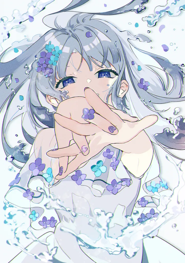 1girl,upper_body,bangs,solo,own_hands_together,hair_flower,hair_ornament,nail_polish,simple_background,water,grey_hair,white_background,white_dress,looking_at_viewer,short_sleeves,vertical,purple_nails,purple_eyes,purple_flower,petals,blue_eyes,blue_flower,dress,covering_mouth,long_hair,floating_hair,flower