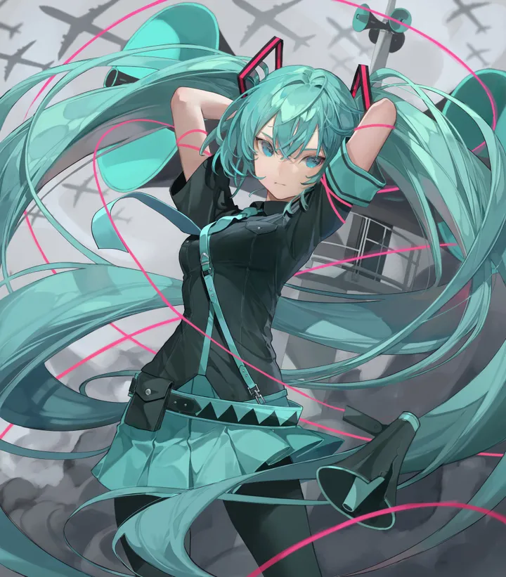 1girl,cowboy_shot,arms_up,breasts,bangs,solo,arms_behind_head,twintails,closed_mouth,hair_ornament,hair_between_eyes,very_long_hair,megaphone,collared_shirt,aqua_hair,aqua_eyes,aqua_skirt,aqua_necktie,pleated_skirt,belt,looking_at_viewer,short_sleeves,skirt,vertical,standing,shirt,armband,pantyhose,miniskirt,long_hair,necktie,floating_hair,airplane,aircraft,black_shirt,black_pantyhose