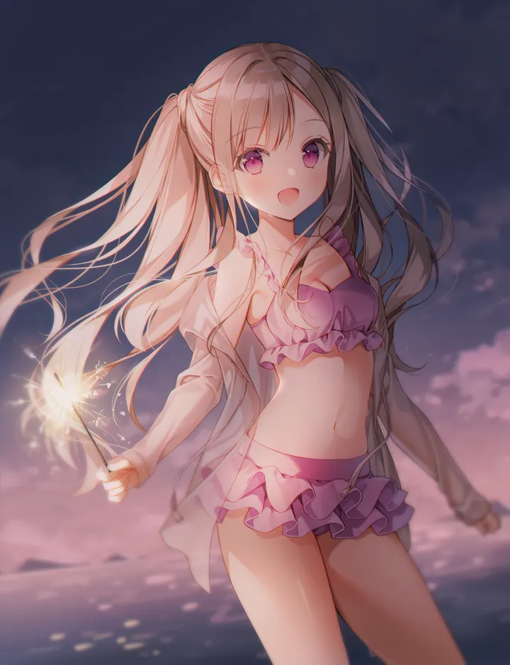 1girl,cowboy_shot,medium_breasts,breasts,cleavage,bangs,solo,twintails,night,sky,open_mouth,outdoors,sparkler,holding,brown_hair,blurry,bikini,swimsuit,fireworks,looking_at_viewer,vertical,standing,smile,navel,blush,frills,frilled_bikini,shirt,open_clothes,small_breasts,collarbone,long_hair,long_sleeves,off_shoulder