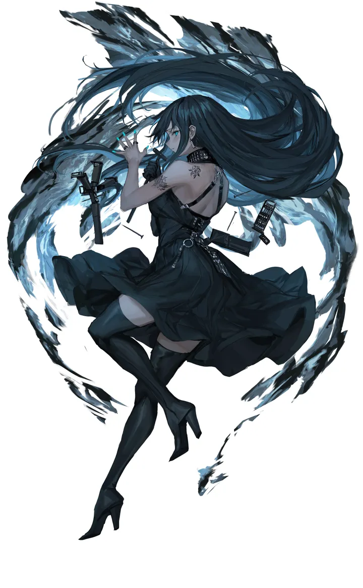 1girl,full_body,bangs,sword,solo,very_long_hair,arm_tattoo,holding,sleeveless,sleeveless_dress,simple_background,weapon,white_background,looking_at_viewer,vertical,tattoo,back_tattoo,blue_eyes,thighhighs,dress,long_hair,boots,bare_shoulders,floating_hair,thigh_boots,high_heel_boots,high_heels,black_hair,black_thighhighs,black_dress,black_footwear