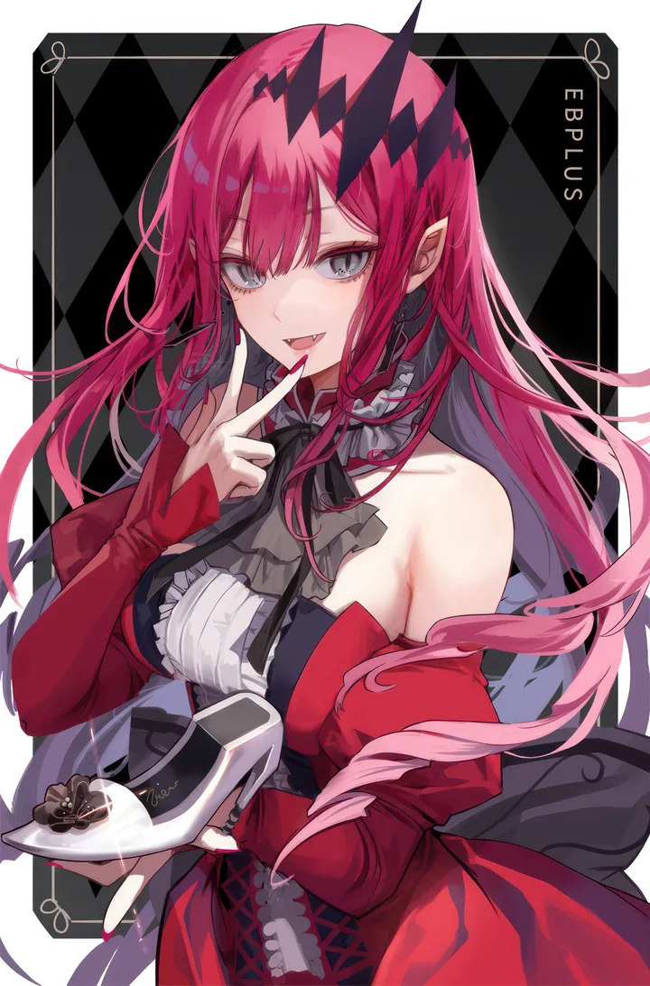 1girl,detached_sleeves,breasts,bangs,solo,sidelocks,pointy_ears,open_mouth,holding,v,grey_eyes,plate,looking_at_viewer,vertical,holding_plate,smile,pink_hair,red_dress,center_frills,frills,argyle_background,fang,large_breasts,dress,long_hair,long_sleeves,bare_shoulders,detached_collar