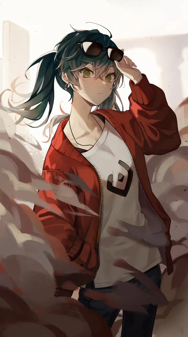 1girl,cowboy_shot,bangs,solo,twintails,closed_mouth,sunglasses,jacket,hair_between_eyes,hand_in_pocket,aqua_hair,dust,dust_cloud,jewelry,white_shirt,looking_at_viewer,eyewear_on_head,vertical,standing,red_jacket,green_hair,green_eyes,earrings,shirt,pants,open_jacket,open_clothes,collarbone,long_hair,long_sleeves