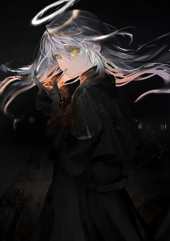 1girl,bangs,solo,smoking,coat,halo,hair_between_eyes,gloves,grey_hair,smoke,mouth_hold,looking_at_viewer,vertical,long_hair,long_sleeves,floating_hair,cigarette,yellow_eyes,black_coat,black_gloves,black_background