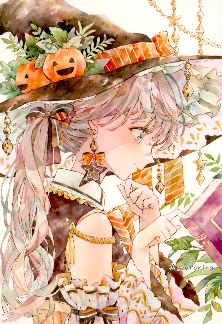 1girl,halloween,detached_sleeves,painting_medium,ribbon,book,upper_body,from_side,profile,bangs,solo,jack-o-lantern,leaf,closed_mouth,hair_ribbon,witch_hat,wide_sleeves,hat,hand_on_own_chin,holding,twitter_username,star_symbol,striped,striped_bow,orange_ribbon,orange_bow,watercolor_medium,grey_hair,jewelry,white_background,vertical,smile,traditional_media,earrings,blush,frills,frilled_sleeves,blue_eyes,bow,long_hair,long_sleeves,bare_shoulders,ponytail,witch,black_headwear