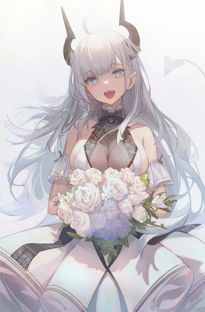 1girl,cowboy_shot,breasts,cleavage,bangs,solo,ahoge,hair_on_horn,pointy_ears,tail,open_mouth,very_long_hair,demon_girl,demon_tail,demon_horns,holding_bouquet,holding,sleeveless,sleeveless_dress,simple_background,teeth,rose,white_hair,white_rose,white_background,white_flower,white_dress,looking_at_viewer,vertical,smile,bouquet,blue_eyes,bow,horns,large_breasts,dress,long_hair,bare_shoulders,bowtie,flower,black_bow