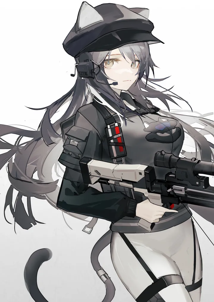 1girl,cowboy_shot,breasts,animal_ears,solo,closed_mouth,thigh_strap,headset,jacket,official_alternate_costume,tail,hat,crossbow,holding_weapon,holding_gun,holding,ears_through_headwear,simple_background,gun,weapon,grey_hair,cat_girl,cat_tail,cat_ears,white_background,white_pants,looking_at_viewer,vertical,pants,large_breasts,long_hair,long_sleeves,yellow_eyes,black_headwear,black_jacket