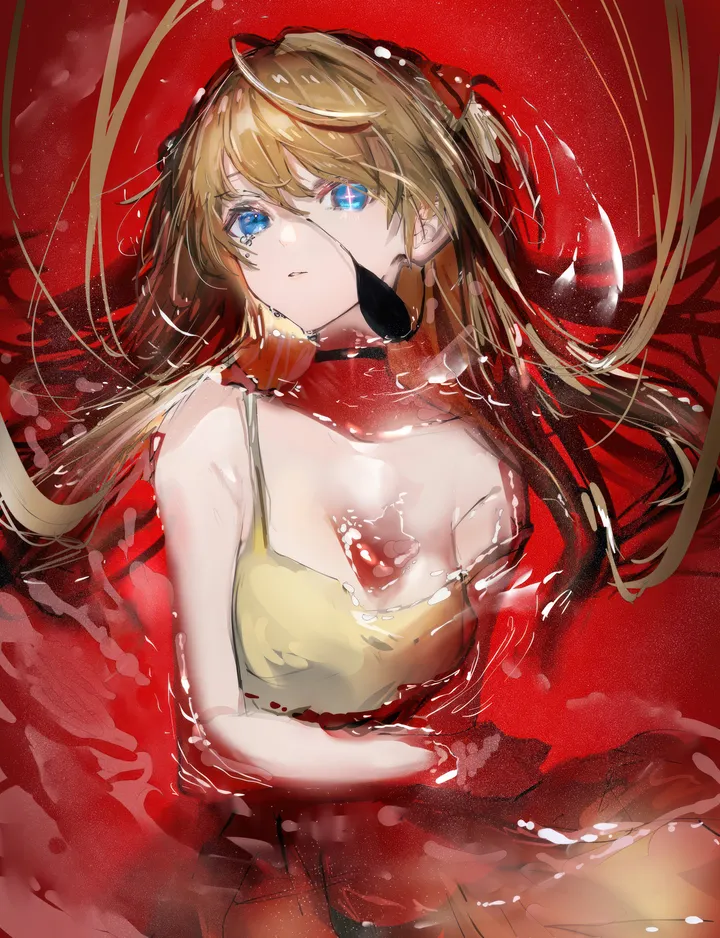 1girl,breasts,bangs,solo,closed_mouth,hair_between_eyes,expressionless,sleeveless,sleeveless_dress,brown_hair,water,looking_at_viewer,eyepatch,vertical,red_background,blue_eyes,strap_slip,dress,partially_submerged,long_hair,bare_shoulders,choker,yellow_dress,black_choker