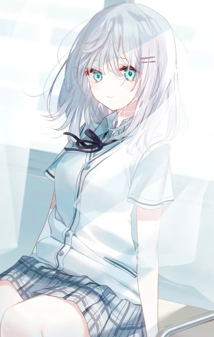 1girl,ribbon,desk,bangs,solo,hairclip,closed_mouth,sitting,hair_ornament,indoors,hair_between_eyes,collared_shirt,school_uniform,plaid,plaid_skirt,grey_skirt,white_hair,white_shirt,pleated_skirt,looking_at_viewer,short_sleeves,skirt,window,curtains,vertical,smile,blush,blue_eyes,shirt,dress_shirt,school_desk,neck_ribbon,black_ribbon