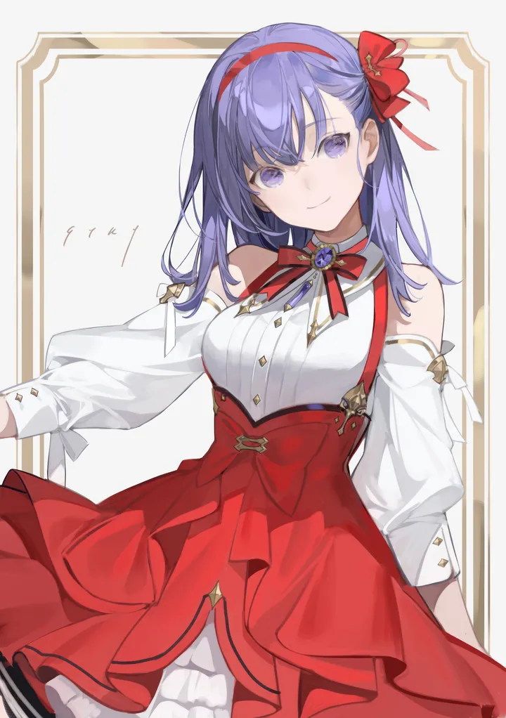 1girl,detached_sleeves,ribbon,medium_breasts,breasts,bangs,solo,hairband,suspender_skirt,closed_mouth,hair_ribbon,white_shirt,looking_at_viewer,skirt,vertical,smile,purple_hair,purple_eyes,red_ribbon,red_hairband,red_skirt,red_bow,suspenders,brooch,bow,shirt,dress,long_hair,long_sleeves,bare_shoulders,high-waist_skirt