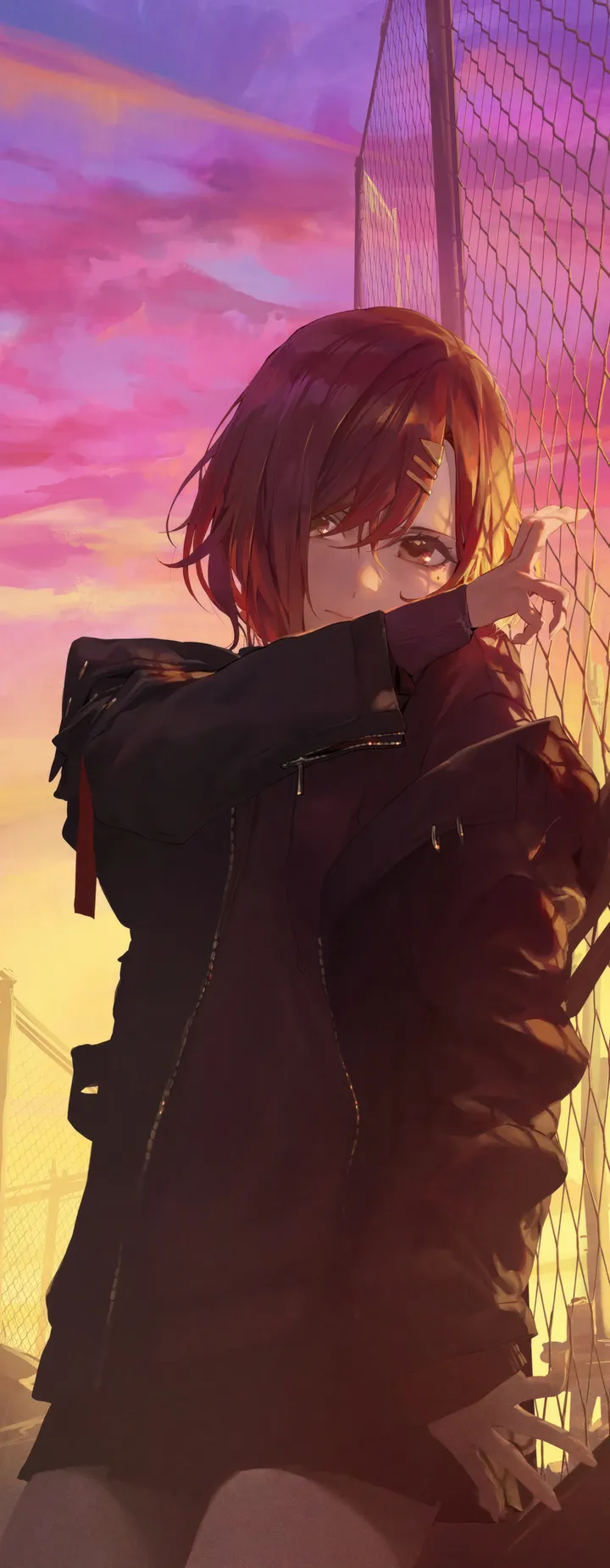 1girl,cowboy_shot,cloud,bangs,solo,hairclip,closed_mouth,sky,hair_ornament,hair_over_one_eye,jacket,outdoors,swept_bangs,sunset,fence,brown_hair,brown_eyes,mole_under_eye,mole,looking_at_viewer,short_hair,vertical,red_hair,shirt,open_jacket,open_clothes,pantyhose,chain-link_fence,long_sleeves,off_shoulder,black_jacket