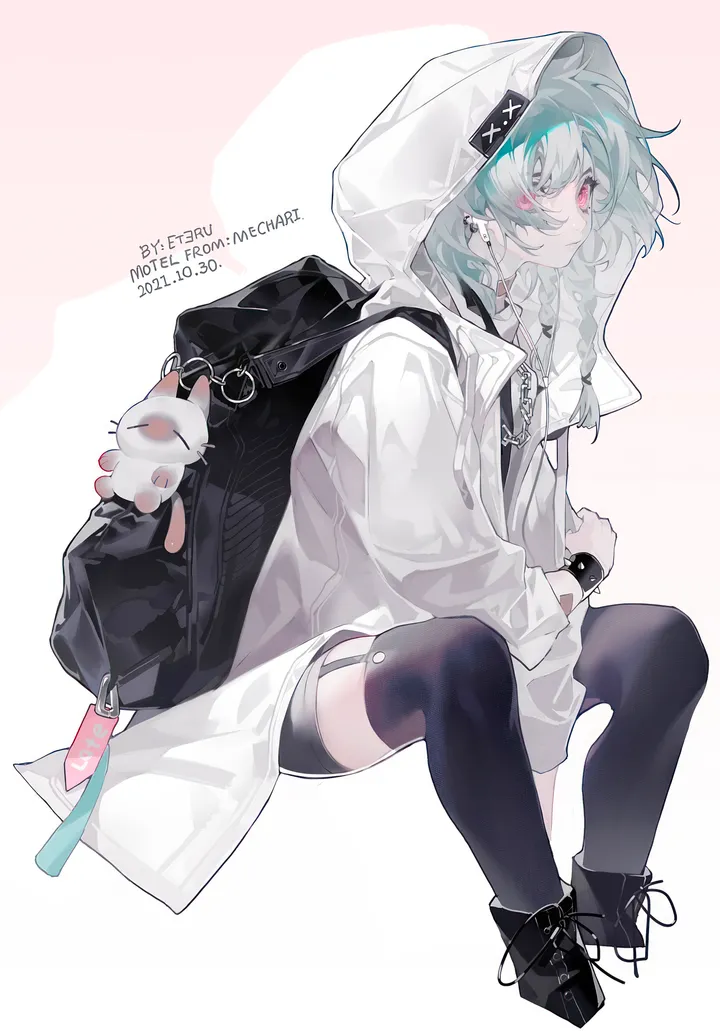 1girl,hood,bangs,bag,solo,backpack,garter_straps,closed_mouth,sitting,jacket,hood_up,simple_background,jewelry,white_jacket,white_background,looking_at_viewer,shorts,piercing,ear_piercing,vertical,pink_eyes,earrings,shirt,thighhighs,hooded_jacket,charm_object,long_sleeves,boots,cross-laced_footwear,black_shorts,black_thighhighs,black_footwear