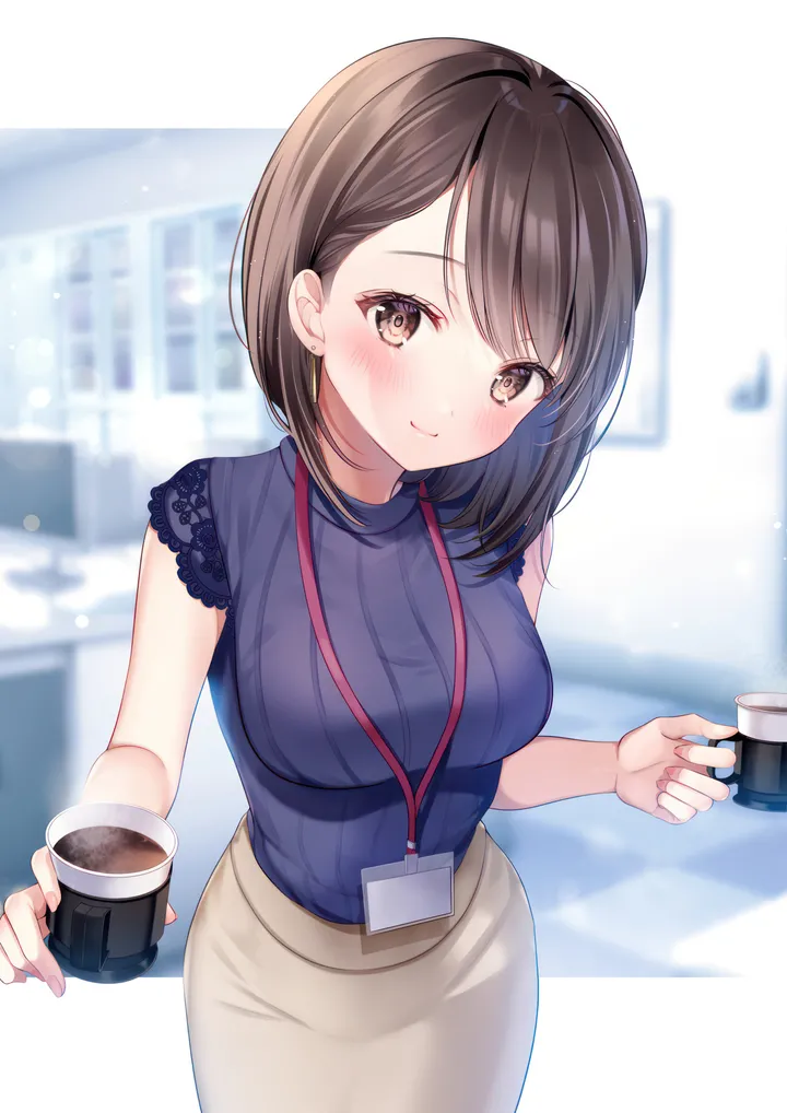 1girl,medium_breasts,breasts,bangs,solo,coffee,coffee_mug,closed_mouth,office_lady,indoors,holding_cup,holding,lanyard,sleeveless,cup,brown_hair,brown_eyes,brown_skirt,blurry,blurry_background,looking_at_viewer,skirt,vertical,smile,blush,blue_shirt,shirt,id_card,pencil_skirt,disposable_cup,mug