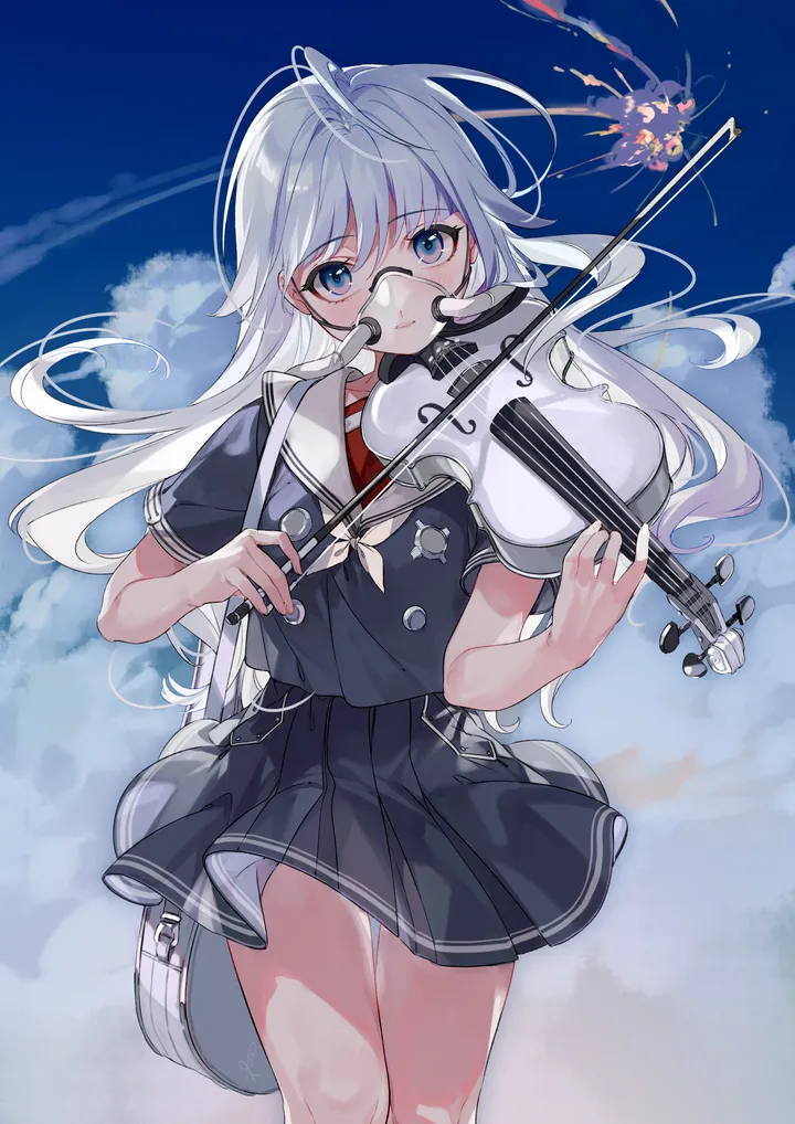 1girl,neckerchief,instrument,cloud,bangs,bag,solo,ahoge,closed_mouth,round_eyewear,sky,violin,outdoors,holding_instrument,holding,school_uniform,serafuku,sailor_collar,playing_instrument,bow_music,day,white_neckerchief,white_hair,white_sailor_collar,pleated_skirt,looking_at_viewer,glasses,short_sleeves,skirt,vertical,standing,smile,blue_sky,blue_eyes,shirt,long_hair,music,floating_hair,black_serafuku,black_skirt,black_shirt