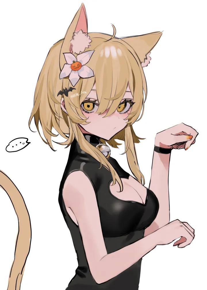 1girl,halloween,medium_breasts,breasts,cleavage,upper_body,animal_ears,bangs,solo,ahoge,closed_mouth,hair_flower,hair_ornament,spoken_ellipsis,tail,short_hair_with_long_locks,hair_between_eyes,nail_polish,sleeveless,simple_background,paw_pose,cat_girl,cat_tail,cat_ears,jingle_bell,white_background,white_flower,looking_at_viewer,alternate_costume,vertical,animal_ear_fluff,clothing_cutout,dress,blonde_hair,bell,neck_bell,cleavage_cutout,flower,yellow_eyes,black_dress