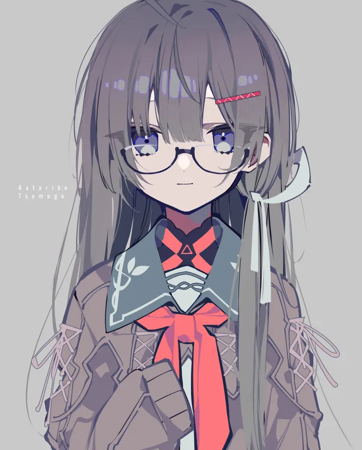 1girl,neckerchief,ribbon,upper_body,bangs,semi-rimless_eyewear,solo,hairclip,ahoge,closed_mouth,hair_ribbon,hair_ornament,jacket,under-rim_eyewear,simple_background,school_uniform,sailor_collar,grey_background,white_ribbon,white_shirt,looking_at_viewer,glasses,vertical,smile,red_neckerchief,blue_sailor_collar,blue_eyes,shirt,sleeves_past_wrists,open_clothes,eyes_visible_through_hair,long_hair,long_sleeves,black_hair,black-framed_eyewear