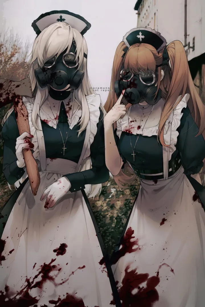 2girls,medium_breasts,breasts,middle_finger,bangs,cross_necklace,cross,twintails,apron,multiple_girls,maid,maid_apron,maid_headdress,hat,outdoors,blood_on_hands,nurse,nurse_cap,latin_cross,holding,holding_axe,axe,brown_hair,blood_on_weapon,jewelry,white_apron,white_hair,vertical,frills,frilled_apron,puffy_sleeves,blood,blood_stain,blood_on_clothes,dress,long_hair,long_sleeves,gas_mask,mask,necklace,black_dress