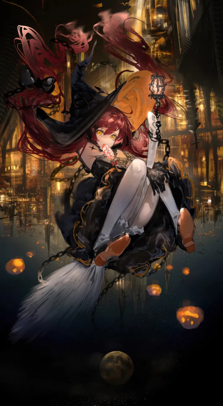 1girl,halloween,underwear,solo,jack-o-lantern,twintails,city,witch_hat,hat,very_long_hair,gloves,broom,moon,lantern,looking_at_viewer,vertical,red_hair,thighhighs,dress,chain,long_hair,floating_hair,broom_riding,witch,yellow_eyes,black_dress