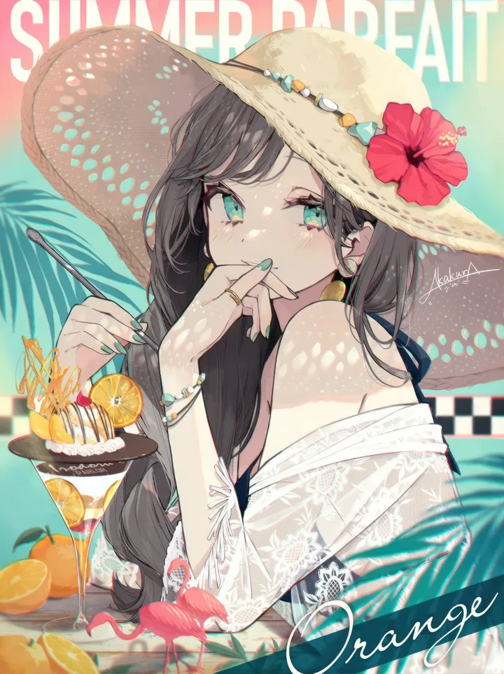 1girl,orange_slice,upper_body,ice_cream,bangs,see-through,solo,closed_mouth,hat_flower,hat,ring,bracelet,hibiscus,holding,holding_spoon,nail_polish,cup,table,brown_headwear,blurry,orange_fruit,bikini,fruit,aqua_nails,aqua_eyes,spoon,swimsuit,jewelry,looking_at_viewer,vertical,smile,signature,red_flower,green_nails,parfait,earrings,blush,english_text,straw_hat,shirt,long_hair,bare_shoulders,off_shoulder,food,flower,black_hair