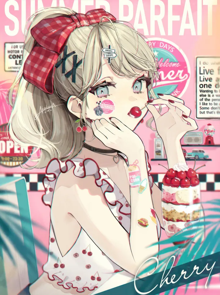 1girl,x_hair_ornament,upper_body,ice_cream,bangs,bandaid,solo,hands_up,hairclip,eating,hair_ornament,open_mouth,heart,holding,holding_food,nail_polish,sleeveless,sleeveless_shirt,table,cherry,fruit,jewelry,white_shirt,looking_at_viewer,vertical,signature,red_nails,red_bow,earrings,facial_mark,frills,frilled_shirt,english_text,strawberry,blue_eyes,bow,hair_bow,shirt,blonde_hair,long_hair,midriff,bare_shoulders,crop_top,choker,food,ponytail,black_choker