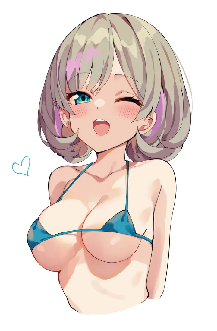 1girl,underboob,medium_breasts,breasts,cleavage,upper_body,upper_teeth_only,bangs,solo,arms_behind_back,multicolored_hair,open_mouth,heart,streaked_hair,simple_background,bikini,swimsuit,grey_hair,teeth,white_background,looking_at_viewer,short_hair,vertical,smile,pink_hair,string_bikini,cropped_torso,blush,blue_bikini,blue_eyes,micro_bikini,collarbone,one_eye_closed,bare_shoulders