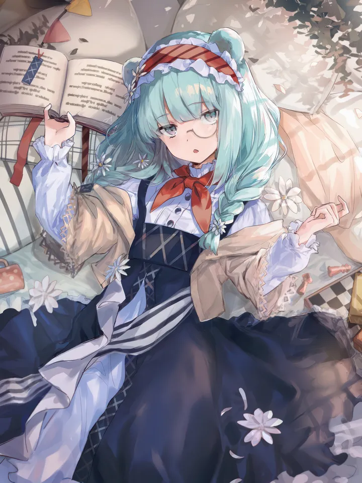 1girl,braid,neckerchief,twin_braids,book,on_back,animal_ears,bangs,solo,monocle,hairband,hair_flower,hair_ornament,official_alternate_costume,holding,holding_book,pillow,bear_ears,white_flower,white_shirt,looking_at_viewer,skirt,vertical,red_neckerchief,red_hairband,open_book,frills,frilled_hairband,blue_hair,blue_eyes,shirt,lying,dress,long_hair,long_sleeves,flower