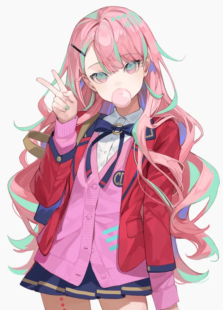 1girl,cowboy_shot,bangs,solo,hairclip,chewing_gum,bubble_blowing,multicolored_hair,hair_ornament,jacket,very_long_hair,hand_up,nail_polish,streaked_hair,collared_shirt,simple_background,school_uniform,v,aqua_hair,aqua_nails,white_background,white_shirt,pleated_skirt,looking_at_viewer,skirt,vertical,standing,pink_hair,pink_jacket,pink_cardigan,pink_nails,pink_eyes,red_jacket,buttons,green_hair,green_nails,leg_tattoo,blue_skirt,blue_bow,bow,shirt,dress_shirt,open_jacket,open_clothes,miniskirt,long_hair,long_sleeves,bowtie