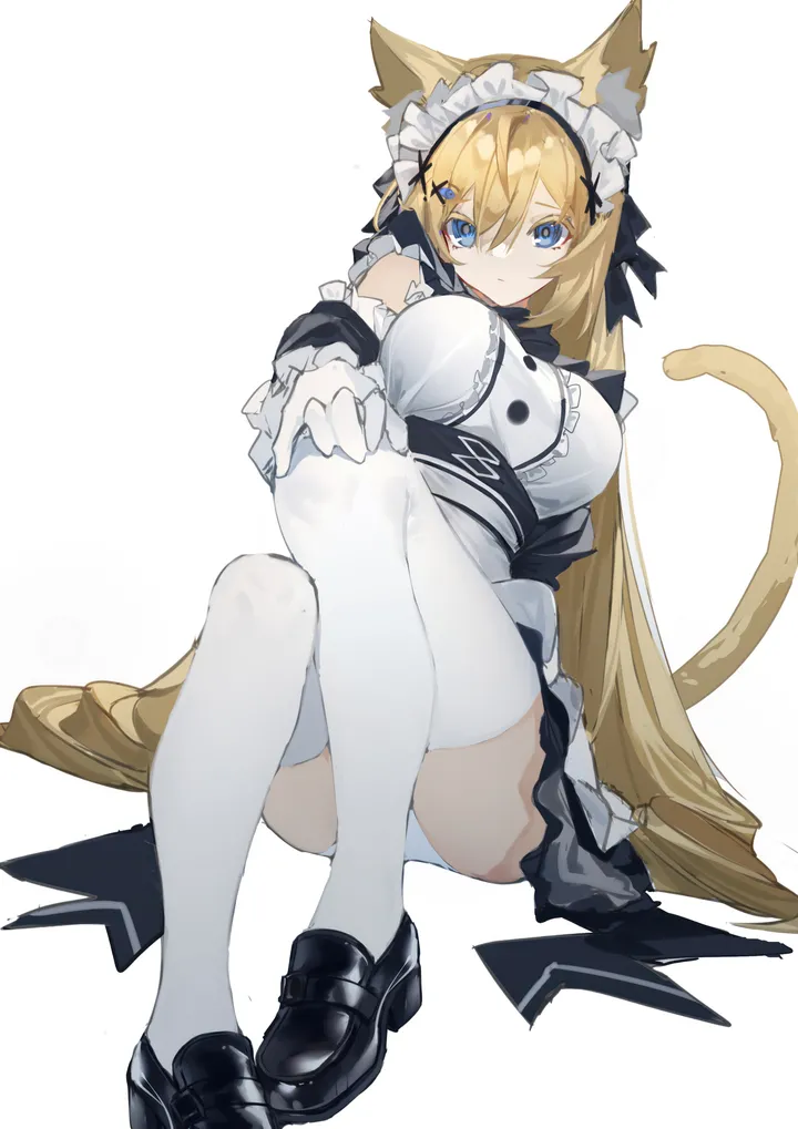 1girl,detached_sleeves,loafers,breasts,full_body,animal_ears,underwear,panties,pantyshot,bangs,solo,closed_mouth,sitting,hair_ornament,maid,maid_headdress,tail,hair_between_eyes,very_long_hair,gloves,hand_on_own_knee,star_hair_ornament,simple_background,cat_girl,cat_tail,cat_ears,white_panties,white_gloves,white_background,white_thighhighs,looking_at_viewer,vertical,animal_ear_fluff,frills,blue_eyes,large_breasts,thighhighs,dress,blonde_hair,long_hair,shoes,black_footwear