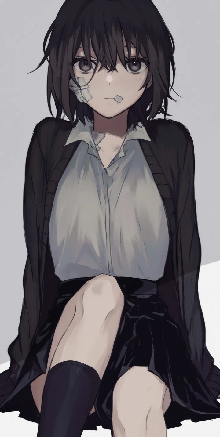 1girl,bangs,bandaid,solo,knee_up,kneehighs,closed_mouth,sitting,hair_between_eyes,cardigan,collared_shirt,simple_background,school_uniform,grey_background,mouth_hold,white_background,white_shirt,pleated_skirt,looking_at_viewer,short_hair,skirt,vertical,bandages,bandaid_on_face,bandaid_on_cheek,shirt,socks,open_clothes,bandage_on_face,long_sleeves,black_hair,black_eyes,black_skirt,black_socks