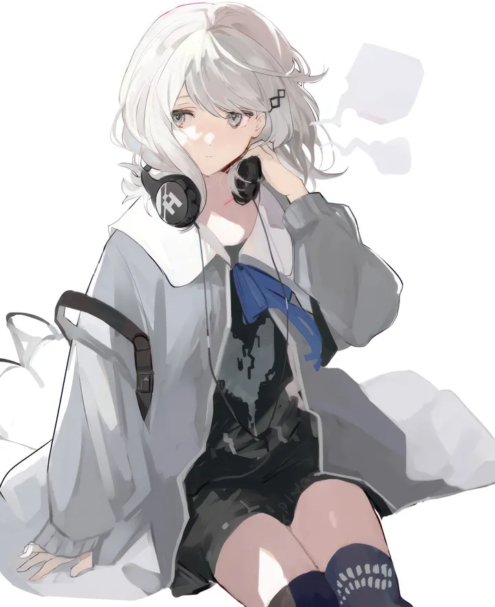 1girl,ribbon,medium_hair,bangs,solo,hairclip,closed_mouth,sitting,hair_ornament,headphones,jacket,hand_up,simple_background,grey_hair,grey_jacket,grey_eyes,white_hair,white_background,shorts,vertical,headphones_around_neck,blue_ribbon,shirt,open_clothes,thighhighs,long_sleeves,black_shorts,black_thighhighs