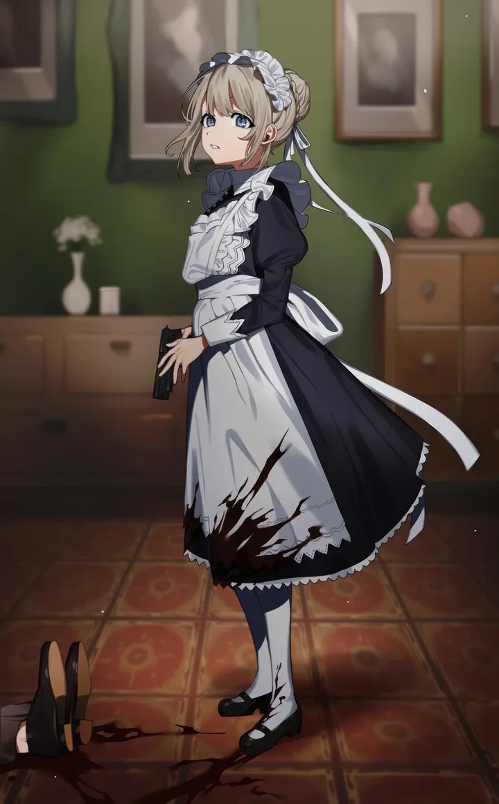 1girl,braid,ribbon,full_body,bangs,solo,single_hair_bun,hair_bun,apron,hair_ribbon,maid,maid_apron,maid_headdress,indoors,parted_lips,holding_weapon,handgun,holding_gun,holding,painting_object,juliet_sleeves,gun,blurry,blurry_background,weapon,mary_janes,white_apron,white_pantyhose,looking_at_viewer,vertical,standing,vase,frills,frilled_apron,blue_eyes,puffy_sleeves,blood,blood_splatter,blood_on_clothes,braided_bun,dress,pantyhose,long_sleeves,shoes,flower,black_dress,black_footwear