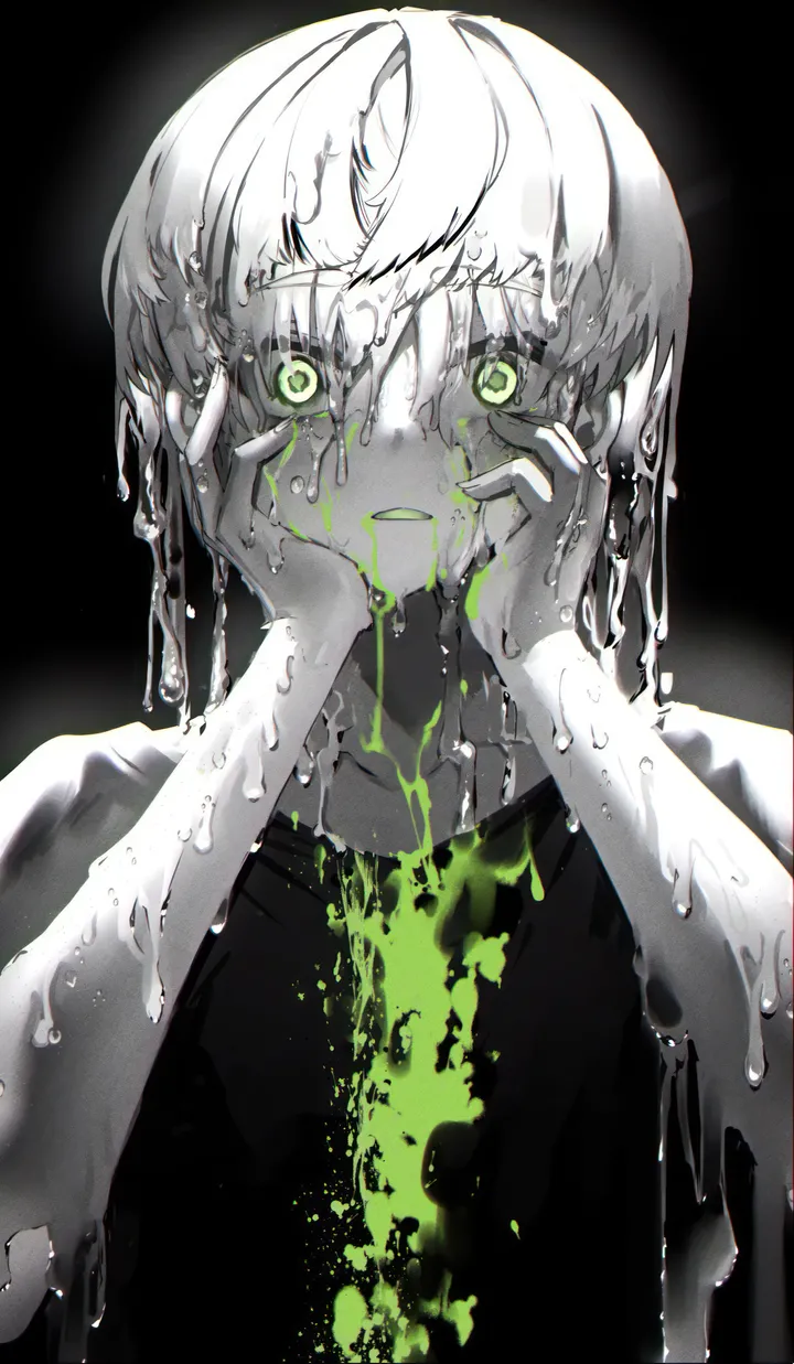 1girl,upper_body,bangs,solo,hands_up,hands_on_own_face,hands_on_own_cheeks,slime_substance,spot_color,hair_between_eyes,parted_lips,simple_background,liquid,dripping,white_hair,looking_at_viewer,short_sleeves,vertical,green_eyes,shirt,black_background,black_shirt