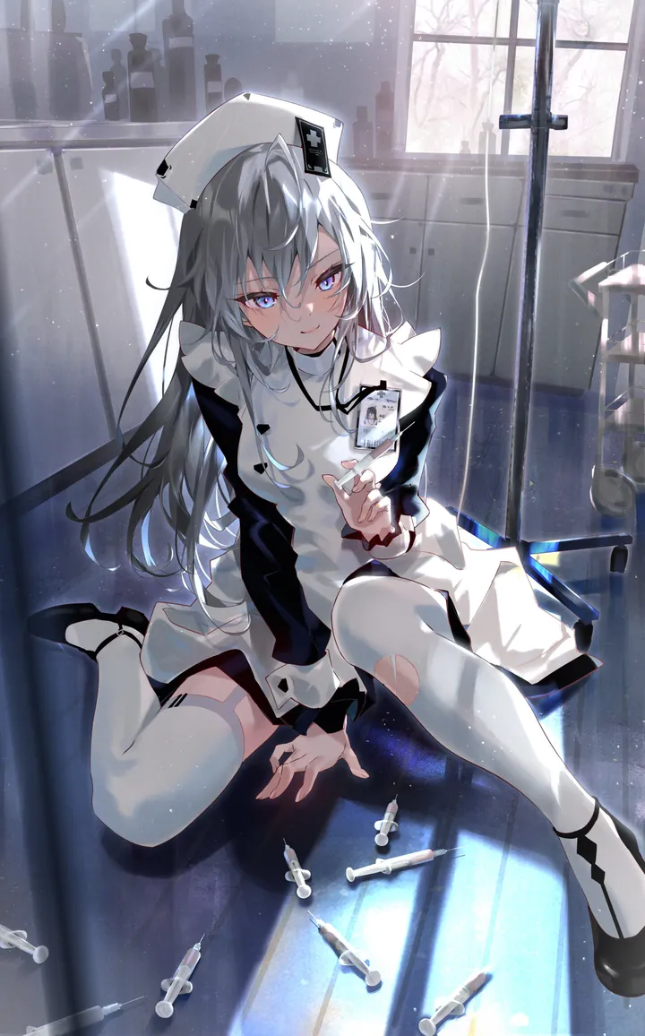 1girl,between_legs,breasts,light_particles,full_body,bangs,solo,garter_straps,closed_mouth,apron,on_floor,sitting,indoors,hat,hair_between_eyes,hand_between_legs,nurse,nurse_cap,syringe,grey_hair,white_apron,white_hair,white_headwear,white_thighhighs,looking_at_viewer,torn_clothes,window,vertical,smile,blush,frills,blue_eyes,id_card,thighhighs,dress,long_hair,long_sleeves,shoes,high_heels,black_dress,black_footwear