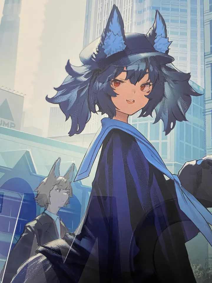 1girl,1boy,neckerchief,animal_ears,twintails,jacket,tail,hat,building,open_mouth,outdoors,orange_eyes,sailor_collar,teeth,wolf_ears,looking_at_viewer,vertical,smile,red_eyes,animal_ear_fluff,blue_hair,shirt,necktie,black_headwear