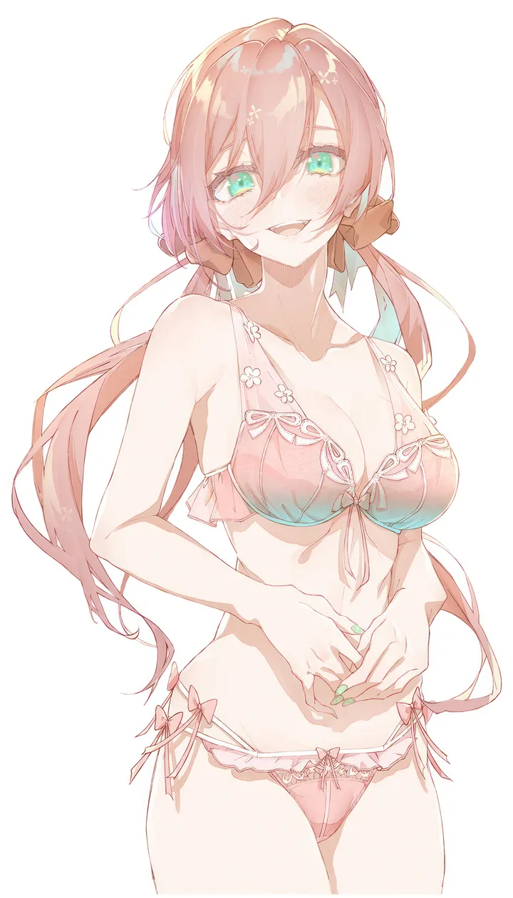 1girl,cowboy_shot,medium_breasts,breasts,cleavage,underwear_only,low_twintails,underwear,panties,bangs,solo,twintails,hair_between_eyes,open_mouth,nail_polish,simple_background,white_background,looking_at_viewer,vertical,smile,pink_panties,pink_hair,pink_bra,green_nails,green_eyes,navel,bra,blush,bow,hair_bow,large_breasts,collarbone,long_hair