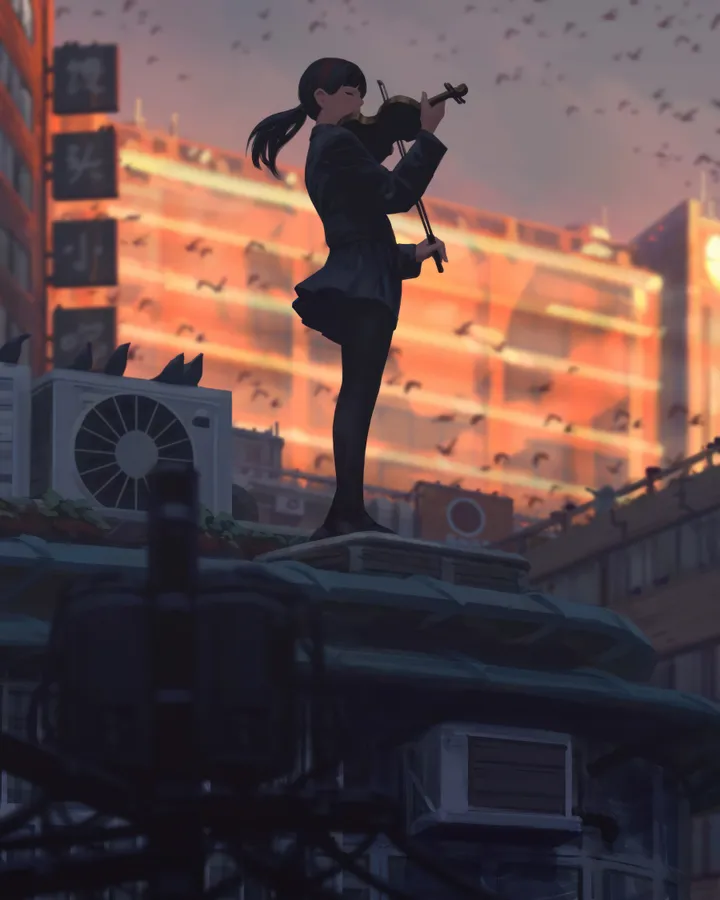 1girl,instrument,solo,closed_eyes,ground_vehicle,jacket,violin,building,outdoors,holding_instrument,holding,depth_of_field,school_uniform,blurry,playing_instrument,pleated_skirt,skirt,vertical,standing,pantyhose,long_hair,long_sleeves,shoes,music,ponytail,bird,black_hair,black_pantyhose