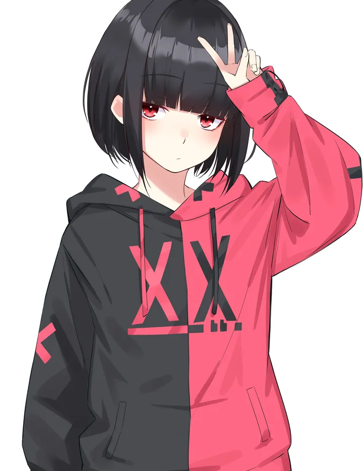 1girl,upper_body,hood,bangs,solo,clothes_writing,closed_mouth,expressionless,simple_background,v,hood_down,white_background,blunt_bangs,looking_at_viewer,short_hair,vertical,red_eyes,red_hoodie,blush,drawstring,hoodie,long_sleeves,black_hair,black_hoodie