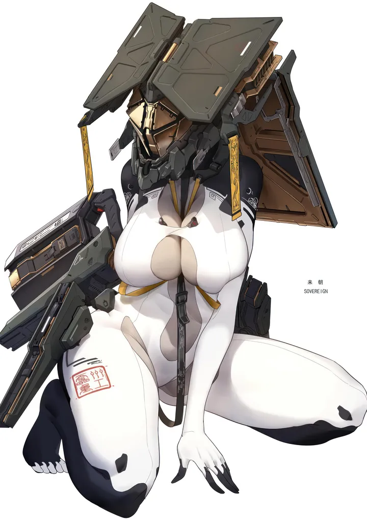 1girl,breasts,cleavage,solo,thighs,helmet,between_breasts,personification,simple_background,mecha_musume,white_background,white_bodysuit,science_fiction,vertical,squatting,large_breasts,bodysuit