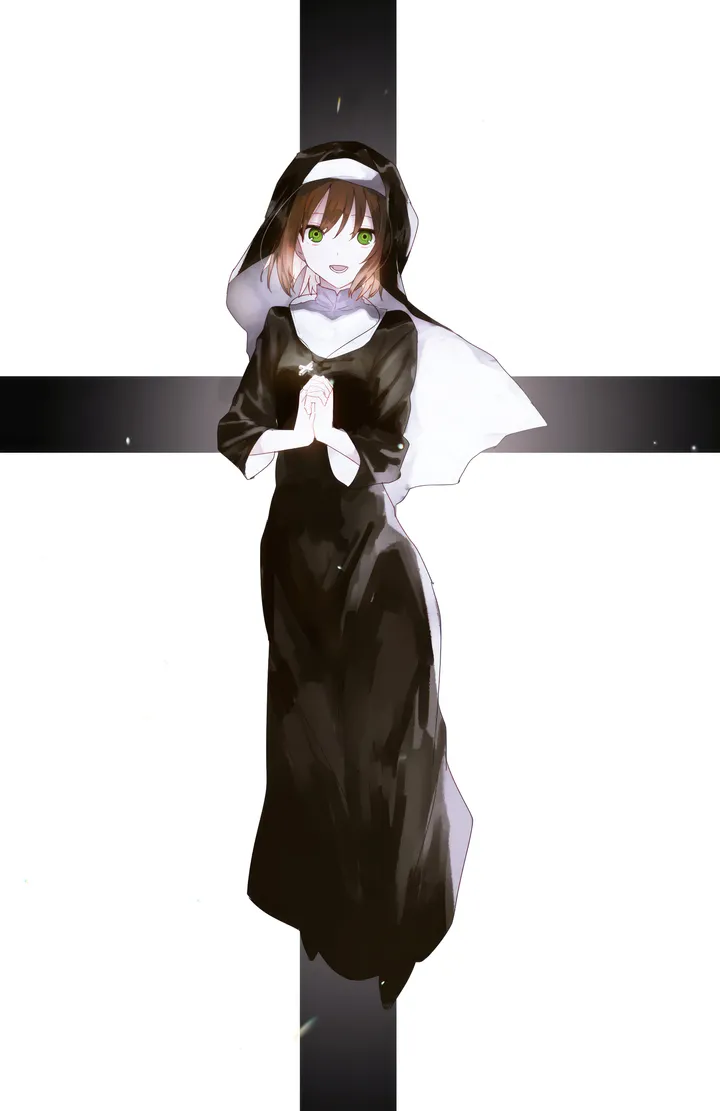 1girl,nun,habit,full_body,cross,solo,own_hands_clasped,own_hands_together,open_mouth,brown_hair,jewelry,looking_at_viewer,short_hair,vertical,smile,green_eyes,dress,necklace,black_dress