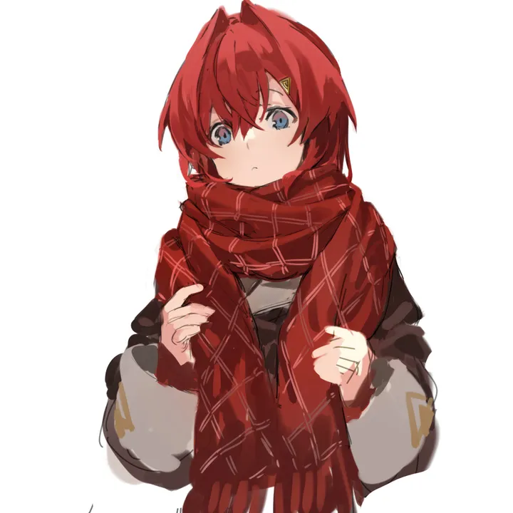 1girl,virtual_youtuber,upper_body,bangs,solo,hairclip,closed_mouth,scarf,hair_ornament,jacket,hair_between_eyes,simple_background,white_background,looking_at_viewer,short_hair,vertical,sketch,red_scarf,red_hair,blue_eyes,hair_intakes,long_sleeves