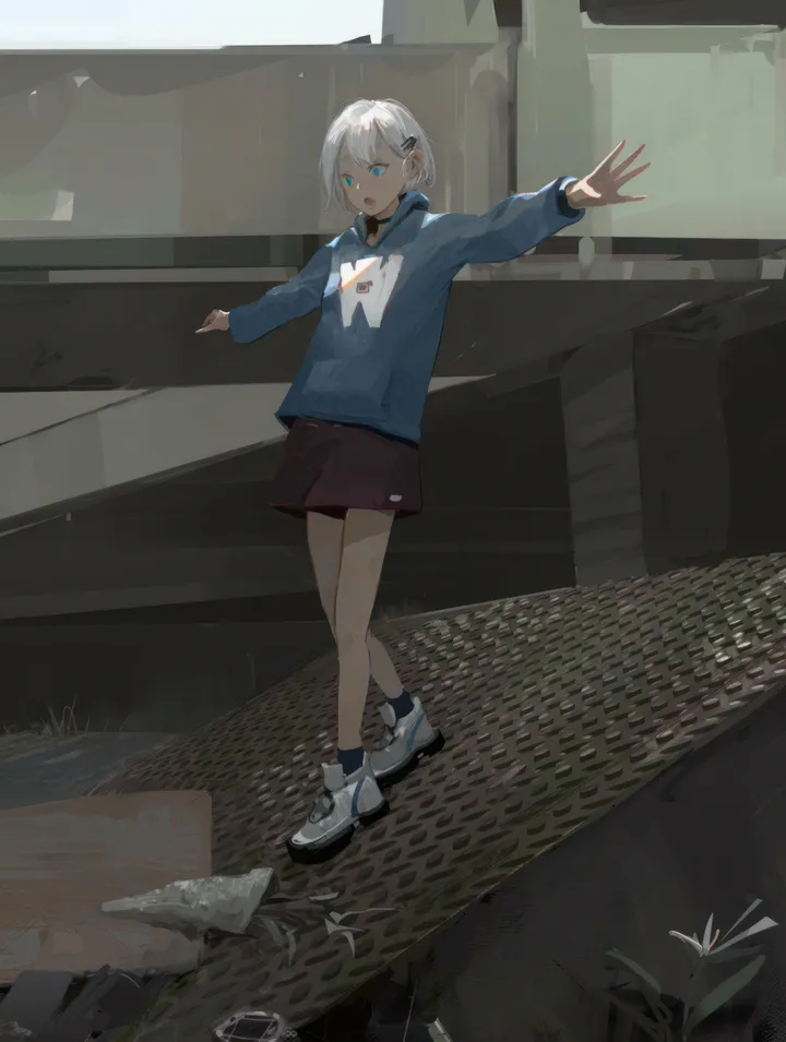 1girl,outstretched_arms,spread_arms,hood,full_body,bangs,solo,hairclip,hair_ornament,open_mouth,brown_skirt,hood_down,white_hair,white_footwear,short_hair,skirt,vertical,standing,blue_eyes,blue_hoodie,socks,sneakers,hoodie,long_sleeves,shoes,black_socks